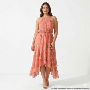 Stella & Julie Flowy Peach Floral High Low Ruffled Hem Women's Dress  Size 14